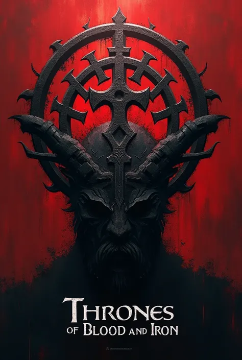 A cover, that has Viking symbols and the text “thrones of blood and iron” 
