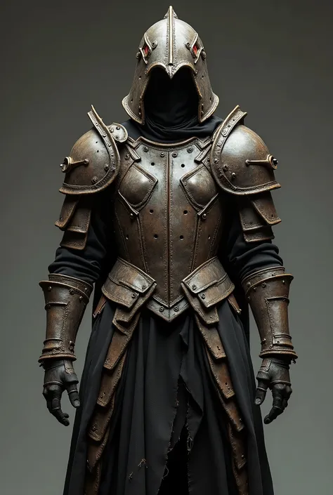 Design an armor called "Useless Defense". The armor must look like a remarkably poor piece of craftsmanship. The frame is flimsy and appears to have been made of low-quality materials, such as a combination of thin metal and torn fabric. The armor plates a...