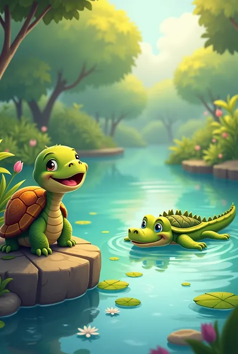 The tortoise is watching the crocodile go away and the tortoise is also feeling happy in pond in 2d cartoon 