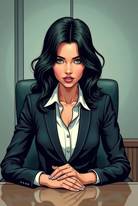 comic style image about a black haired woman, green eyes, white skin, and wearing formal attire, sitting in a conference room