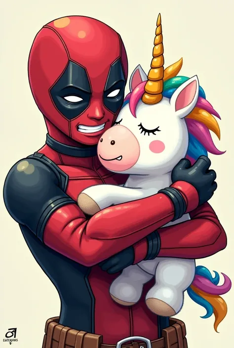 Deadpool hugging a unicorn plush with a silly look 