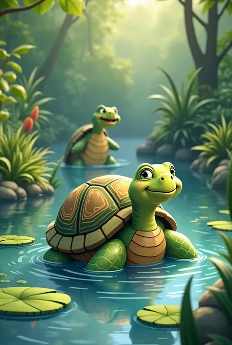 The tortoise is watching the big and angry crocodile go away and the tortoise is also feeling happy in pond in 2d cartoon 