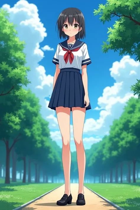 ((best quality)), ((masterpiece)), (detailed),  High school girl {{{{{whose legs are 80% of her height}}}}}, very short upper body,  {{{{{210cm}}}}},  school uniform, anime,  sexy,  in the park,    {Thick, beautiful, and long legs}