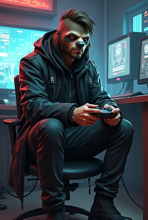 Male 2d Character with cyberpunk outfit and mask of sloth on the side of face playing video games