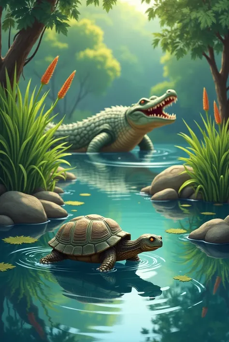 The tortoise is watching the big and angry crocodile go away and the tortoise  in pond in 2d cartoon 