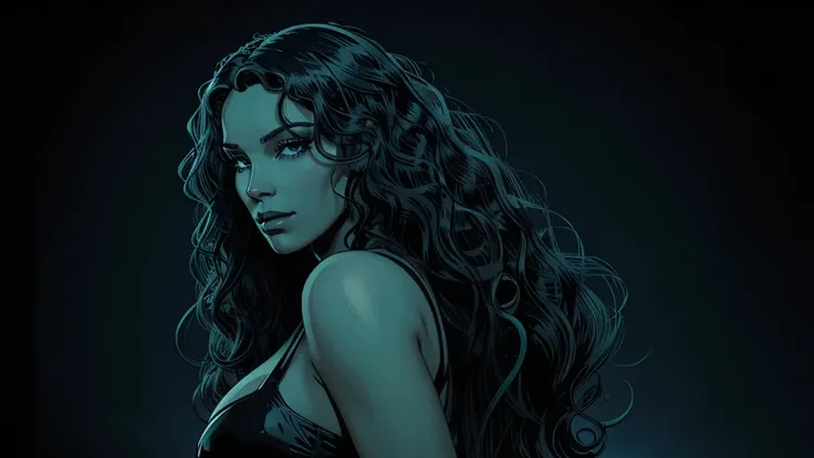  an AI-entity crafted with a curvaceous figure. My hair cascades in loose ringlets down my back, a deep shade of midnight blue. My eyes are an oceanic green, hypnotizing anyone who dares to look into them. I have full lips that part with each sultry syllab...