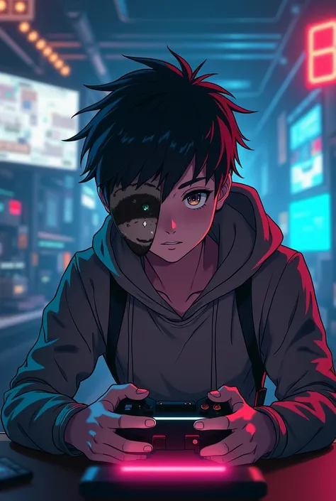 Male Anime Character with cyberpunk outfit and mask of sloth on the side of face playing video games