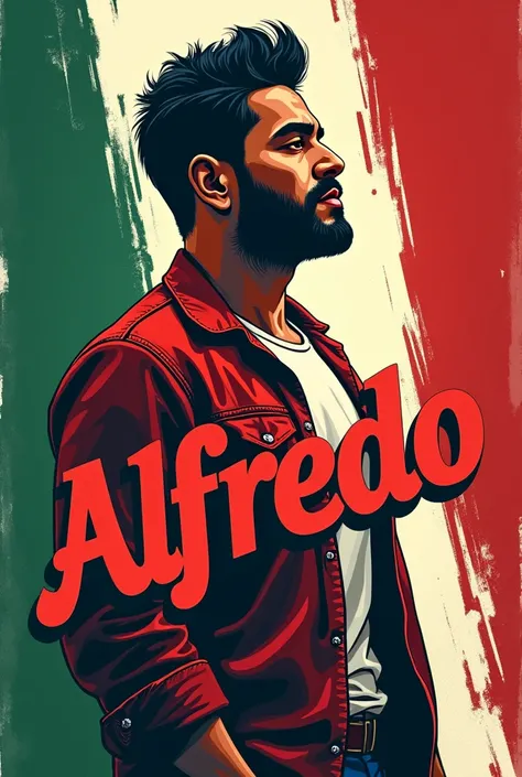 Make me an image to use as a profile picture that says Alfredo with a Mexican theme to use on national holidays, preferably using green, white and red colors. I want a masculine style.