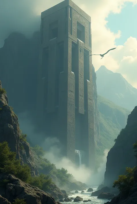 A zoom out of a gigantic ancient STRUCTURE on the mountain wall, between waterfall, surrounded by cloud, scenic landscape, flash of sunlight, flying crane, cinematic lighting, with terrifying darkwood style tints