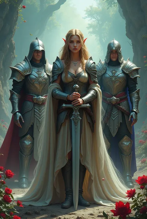 Final Fantasy game theme. Image of a 3 elf with tanned hair standing holding her favorite sword., He wore heavy armor of shining steel, mystical colors and dramatic tones. A masterpiece with the highest resolution, Surrealist image type