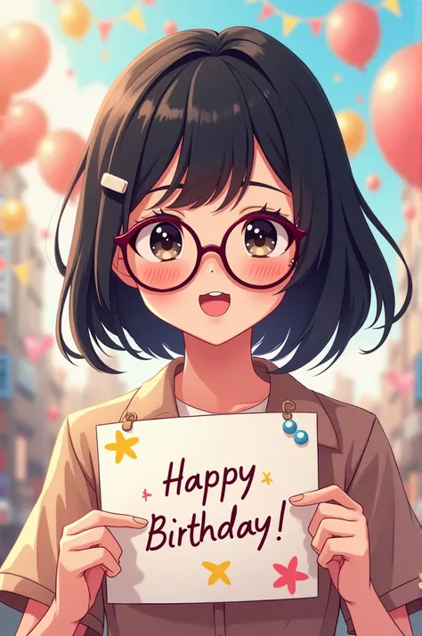 Anime style image with a girl with glasses and black hair and saying: Happy Birthday Steff