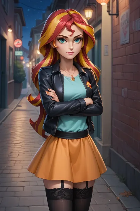 sunset shimmer from the movie "mlp equestria girls", seductive look, black jacket, blue blouse , orange skirt, black thigh high ...