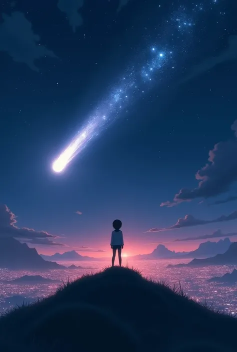 High on a hill, a lone figure watches as a comet streaks across the night sky, its light casting a fleeting glow over the distant city below. 8k high quality, masterpiece. realistic anime