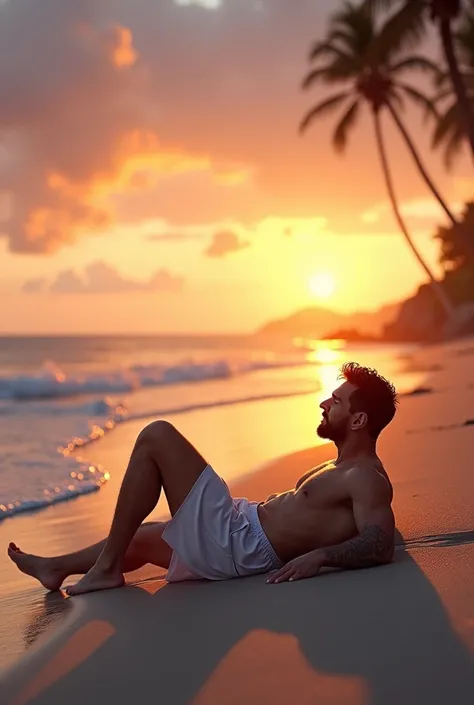 Messi is laying in a beautiful sea beach in time of sunset 