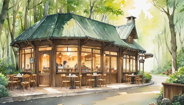 coffee shop, forest, watercolor, ghibli, coffee cup