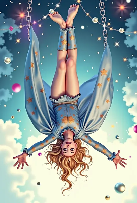 sparks clouds sparks moon stars , white blue sky sparks,, remedios varo harlequin hanging out upside down by feet smiling  wavy hair. long cape sparks, liliums sparks  , sky full of  sparks   , heart sparks ,, stars sparks  , ,jewels SPARKS diamonds pearls...