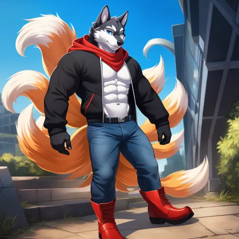 Solo, Male, (Muscular), (male anthro husky):1.3, Black body, White belly, (Detailed eyes, blue color eyes, long black scarf, nine tails, red hoodie, dark blue jeans, pastel red boots):1.1, (exteriors:1.35), 