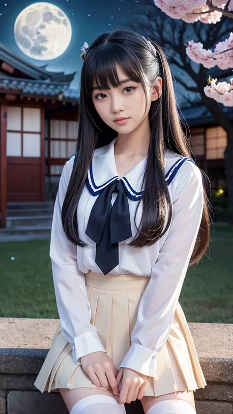 **Prompt:** Create an ultra-realistic 8K resolution image of Tsukuyomi, the Japanese moon god from Shinto mythology, reimagined as the ultimate Japanese high school girl while retaining the deitys iconic features. Tsukuyomi is depicted as a beautiful and g...