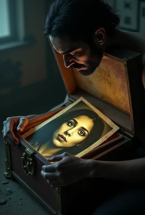 Opening the Chest: Rajesh opens the chest, revealing an old photograph of a woman with a hauntingly lifelike gaze. The photograph seems to come alive as the light touches it, casting an eerie glow.