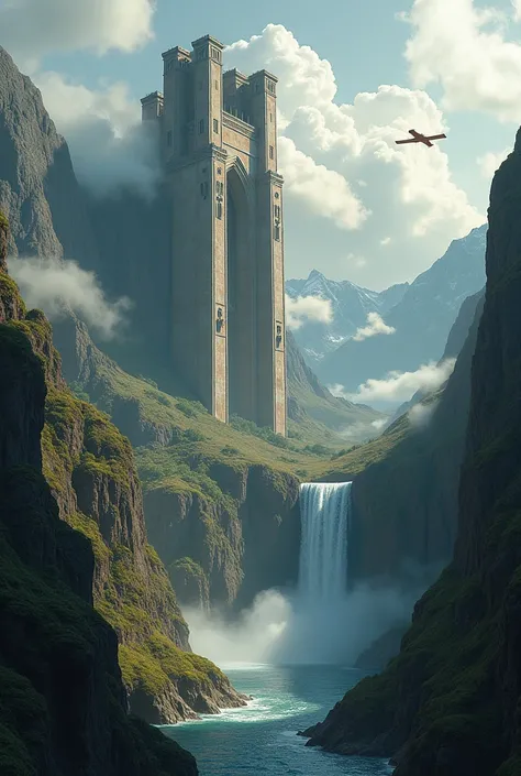 A zoom out of a gigantic ancient STRUCTURE on the mountain wall, between waterfall, surrounded by cloud, scenic landscape, flash of sunlight, flying crane, cinematic lighting, with terrifying overtones