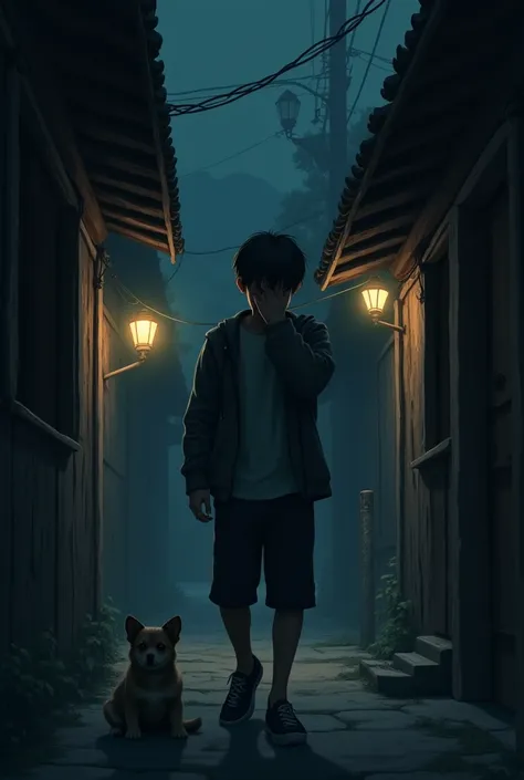 In the alley of the village, the wooden house is dimly lit by light bulbs., there is a small dog sitting scared looking at the young man who is walking beside him without a bag walking towards him while covering his face with one hand and his head lowered 