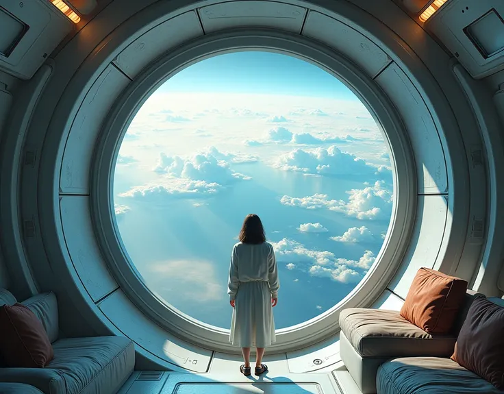 (photorealism:1.2), 16:9, Space, cabin, large porthole, Beaten pastel, Earth 