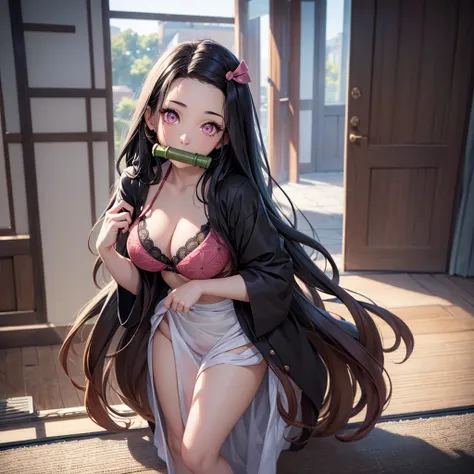 Highly detailed realistic work with high resolution, perfect lighting detailed face detailed hair detailed eyes detailed nose detailed lips, A beautiful girl with long black hair, pink eyes with a green gag in her mouth, standing nezuko kamado, striping he...