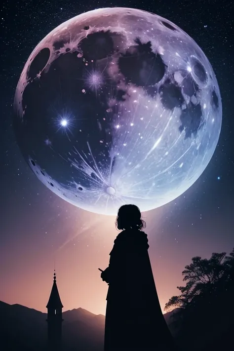 Highest quality,Big moon and shadow,A silhouette of a person can be seen against the backdrop of a large moon.,There is one full moon,There is a mood,Beautiful scenery,Starry Sky