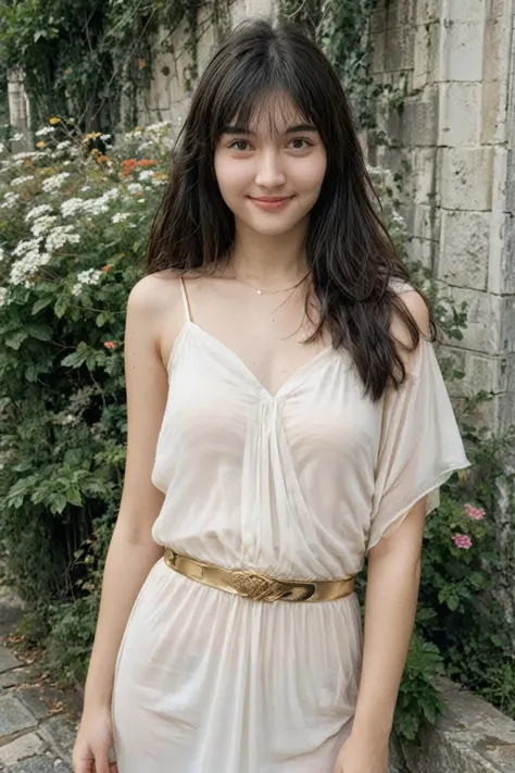 A high-resolution, wide angle shot, 4K portrait of a beautiful 20-year-old woman with a happy smile, detailed skin, and clear eyes. She has long, messy black hair with bangs and dark brown eyes with slight dark circles, looking at viewer. The image feature...