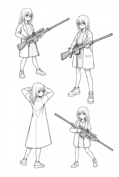 sketches of a drawing of anime scientits girl posing, line art, traditional anime art, holding a heavy rilfe sniper gun, wearing glasses