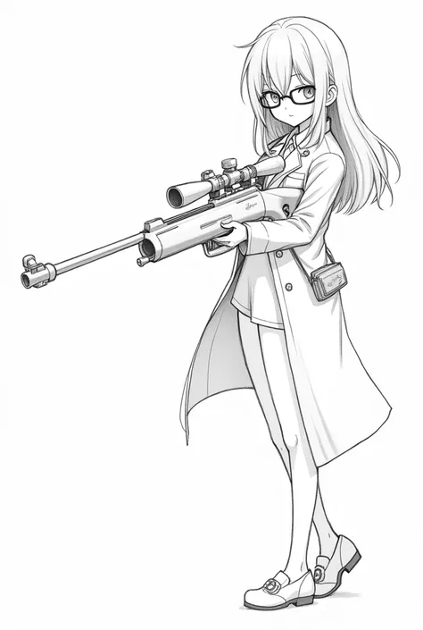 sketches of a drawing of anime scientits girl posing, line art, traditional anime art, holding a heavy rilfe sniper gun, wearing glasses