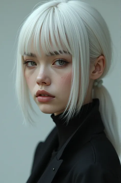 Woman of mixed skin, waist-length white hair, bangs grey eyes and serious look