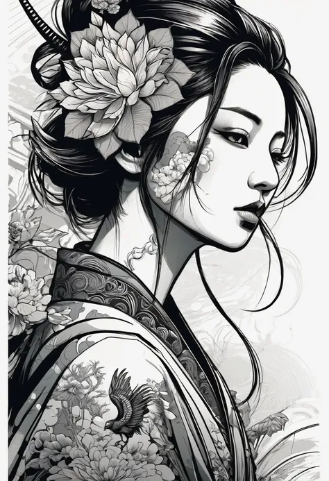 Design a t-shirt with a Japanese fantasy illustration of a naked samurai geisha tattooed on the shoulder. (retrato de meio corpo)  Combine a detailed black and white design with vibrant, colorful fantasy digital elements crows. Get inspired by Dan Mumford&...