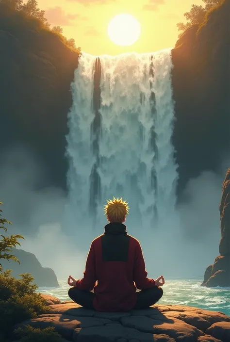 "Naruto sits cross-legged at the edge of the Waterfall of Truth, deep in meditation. The waterfall cascades powerfully behind him, its roar a backdrop to the serene atmosphere. The setting sun bathes the scene in warm, golden light, casting long shadows ov...