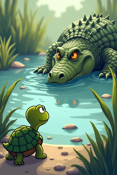 The tortoise is watching the big and angry crocodile go away  in pond in 2d cartoon 