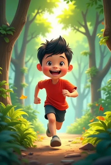 Funny cartoon boy jogging to celebrate Vietnam&#39;s national day in the forest