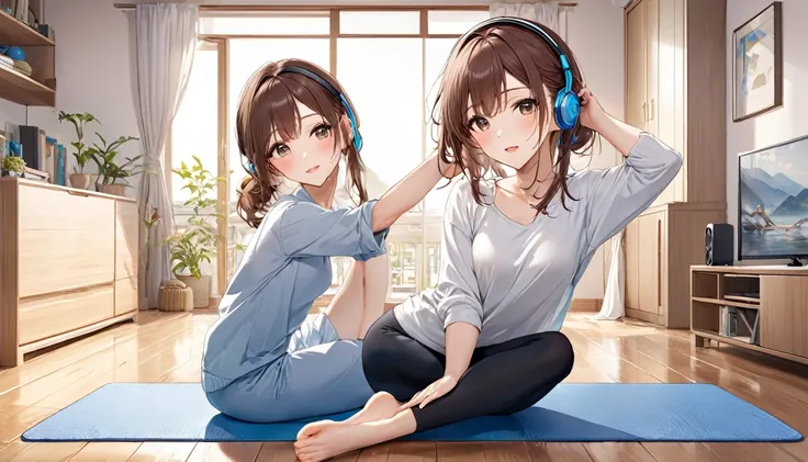 A 20-year-old girl with brown hair and headphones、A scene of a woman stretching on a quiet morning at home。
background：A tranquil living room at home。
expression：Stretching while relaxing。
Costume：Casual, comfortable stretch clothing。
Pause：Stretching on a...