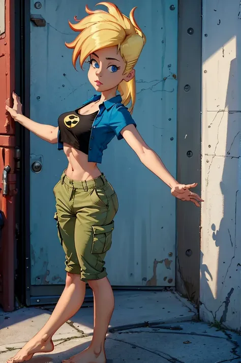 ((masterpiece, best quality)),(complex light),1girl, solo, portrait, jenny test, blonde hair,blue eyes, pants, midriff, open shirt, tank top, long hair, short sleeves shirt, looking at the viewer, barefoot, sandals 