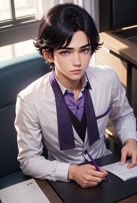 A young man in a school uniform., with purple eyes and dark black hair, I was studying seriously.