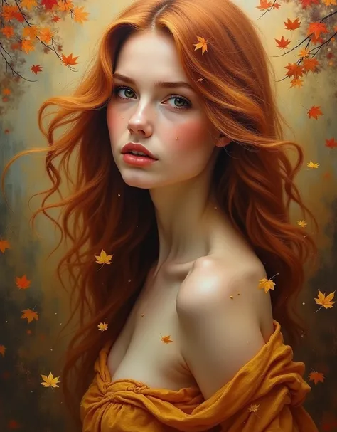 Mesperizing oil on canvas portrait of the impresonation of Autumn as a beautiful woman