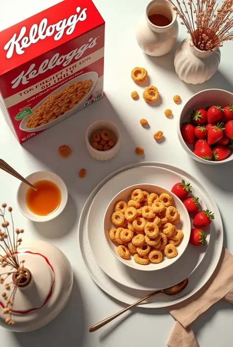 (photorealism:1.2), Hi, I need you to put some cereal in. ( breakfast cereal kelloggs cereal special normal) and its box, Also, put a plate with cereal with a nice background and add fruit., add dishes, Vases, spoons do it with view from above

