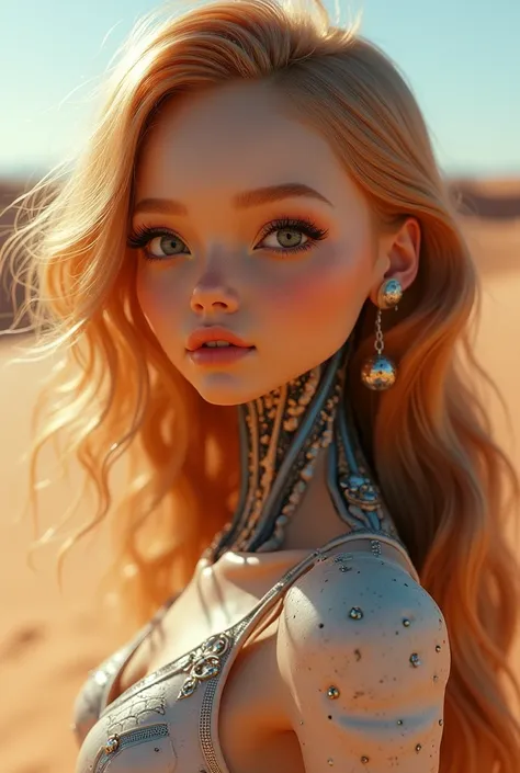 a photograph of&#39;a human-shaped AI with natural skin, long, flow, and voluminous hair,relaxed attitude, piercing eyes that look at the camera, a thin, splash nose, well-formed lips, exterios desert,complex and maximalist, Vibrant, Vibrant, epic, seeds, ...