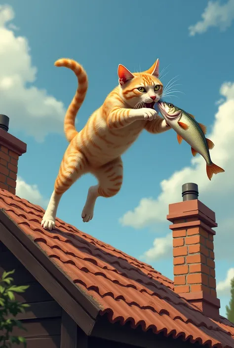 A cat catching a fish in house rooftop 
