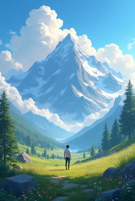 Illustrate a serene peaceful nature scene in summer. Lots of clouds. This scene inspires peace, awe, and tranquility. Vivid beautiful colors. photorealistic 8k, mountain, add a man