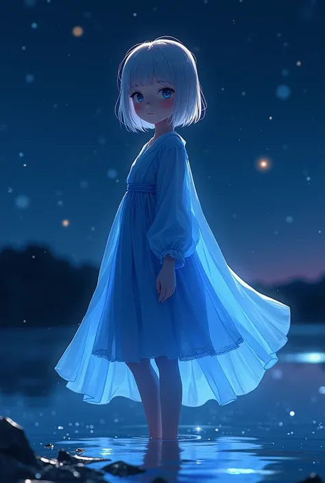 Young girl Oksana, short blue transparent robe, short hair, River bank, night blue sky, stars in thr sky