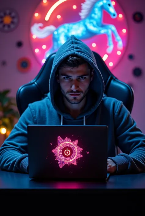 A very cute and handsome hacker wearing a hoodie sat on a black and shinning chair. He had a laptop on a black table Infront of him with "TAURUS SIGN" LOGO design with ice and vibrant colors. At his background are "EMMY GEE" design on the wall with vibrant...