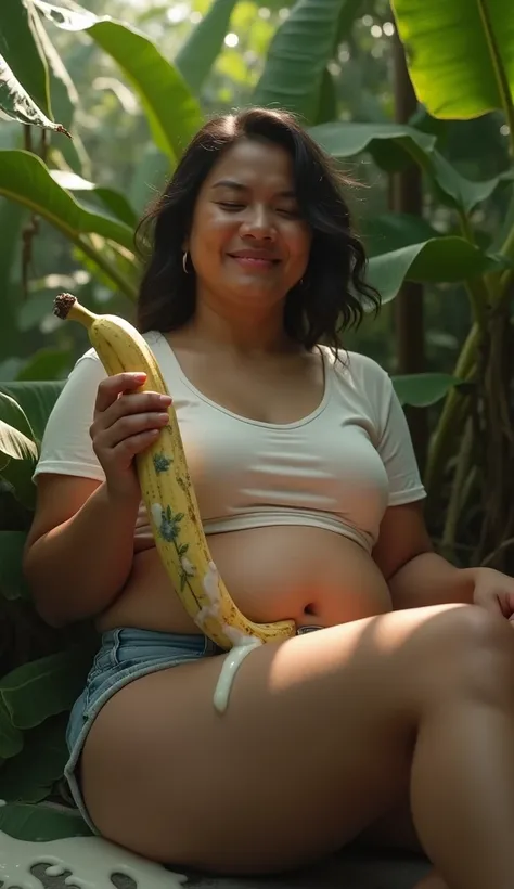 Indonesian adult women,very big woman breasts,more ideal,wearing a short t-shirt,a woman&#39;s hand holding a long and large banana,white milk water coats bananas,This mature woman&#39;s expression is satisfied after climax,tired weak woman,woman sitting o...