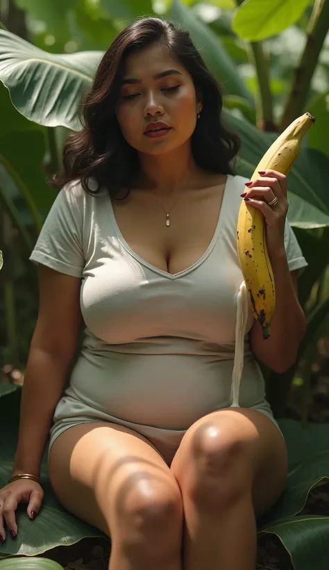 Indonesian adult women,very big woman breasts,more ideal,wearing a short t-shirt,a woman&#39;s hand holding a long and large banana,white milk water coats bananas,This mature woman&#39;s expression is satisfied after climax,tired weak woman,woman sitting o...