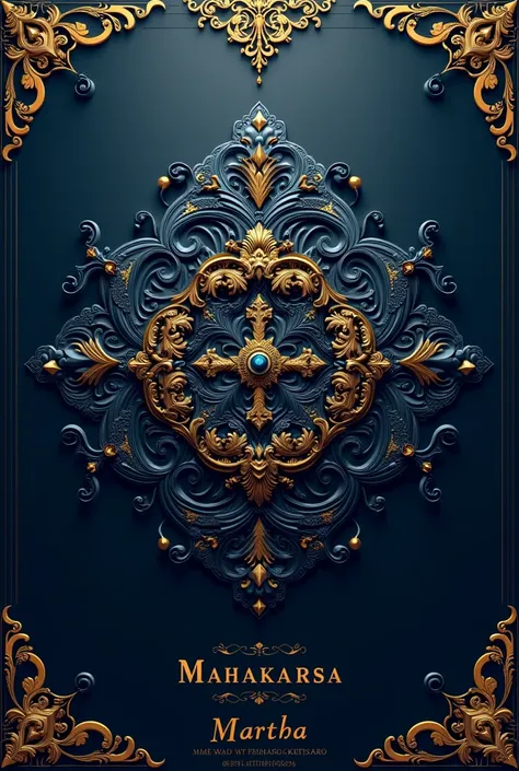 wallpaper with royal carvings, dark blue combined with gold, entitled MAHAKARSA, subtitle Permata Nusantara, at the bottom of walpaper written MARTHA