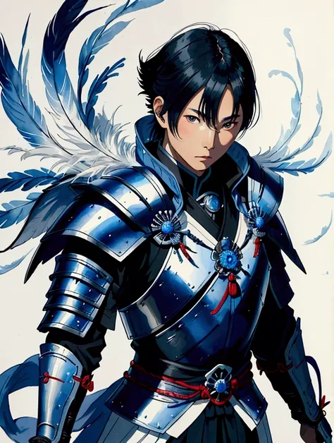 A young black-haired samurai warrior, short, wearing white and blue samurai armor, with a blue cloak adorned with feathers, with penetrating eyes that demonstrate deep observation and calm, uses a very realistic watercolor style.
